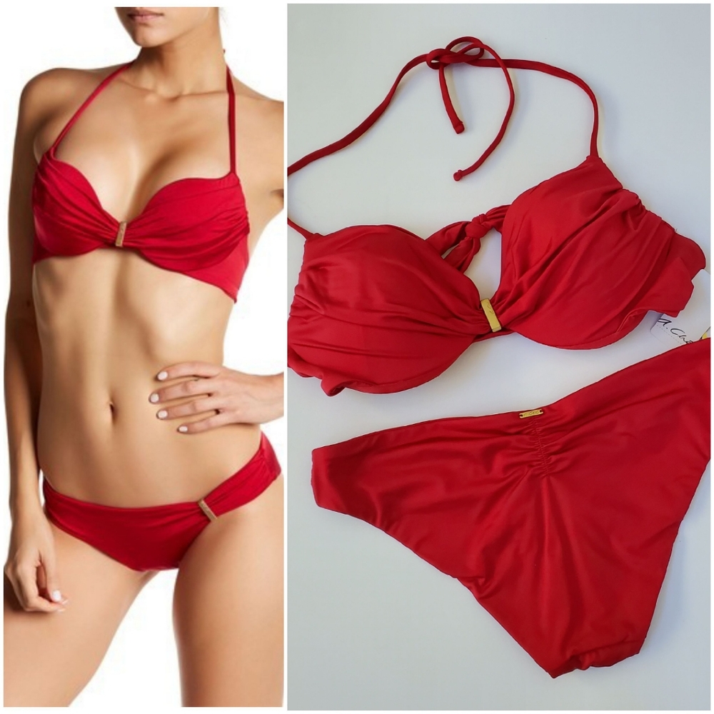 NWT Red Drape Halter Bikini Top